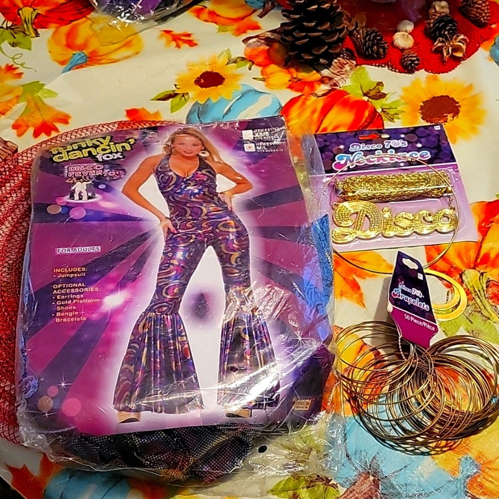 Nwt partycity disco jumpsuit, 2 necklaces and bracelets Halloween custom